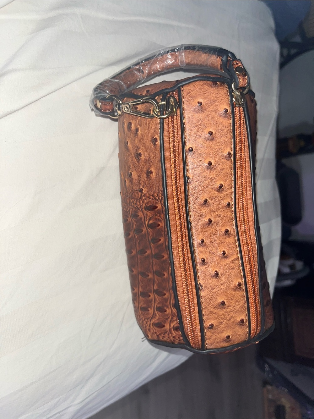 Women's Ostrich-Texture Wristlet Clutch in Cognac